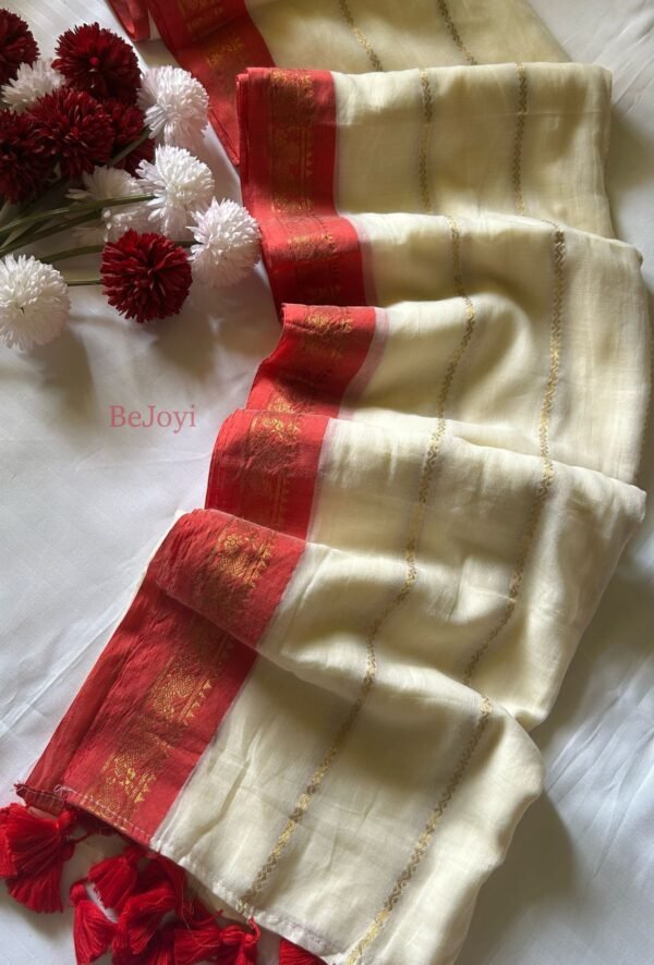 Ananya – Ivory & Red Golden Zari Mulmul Cotton Saree